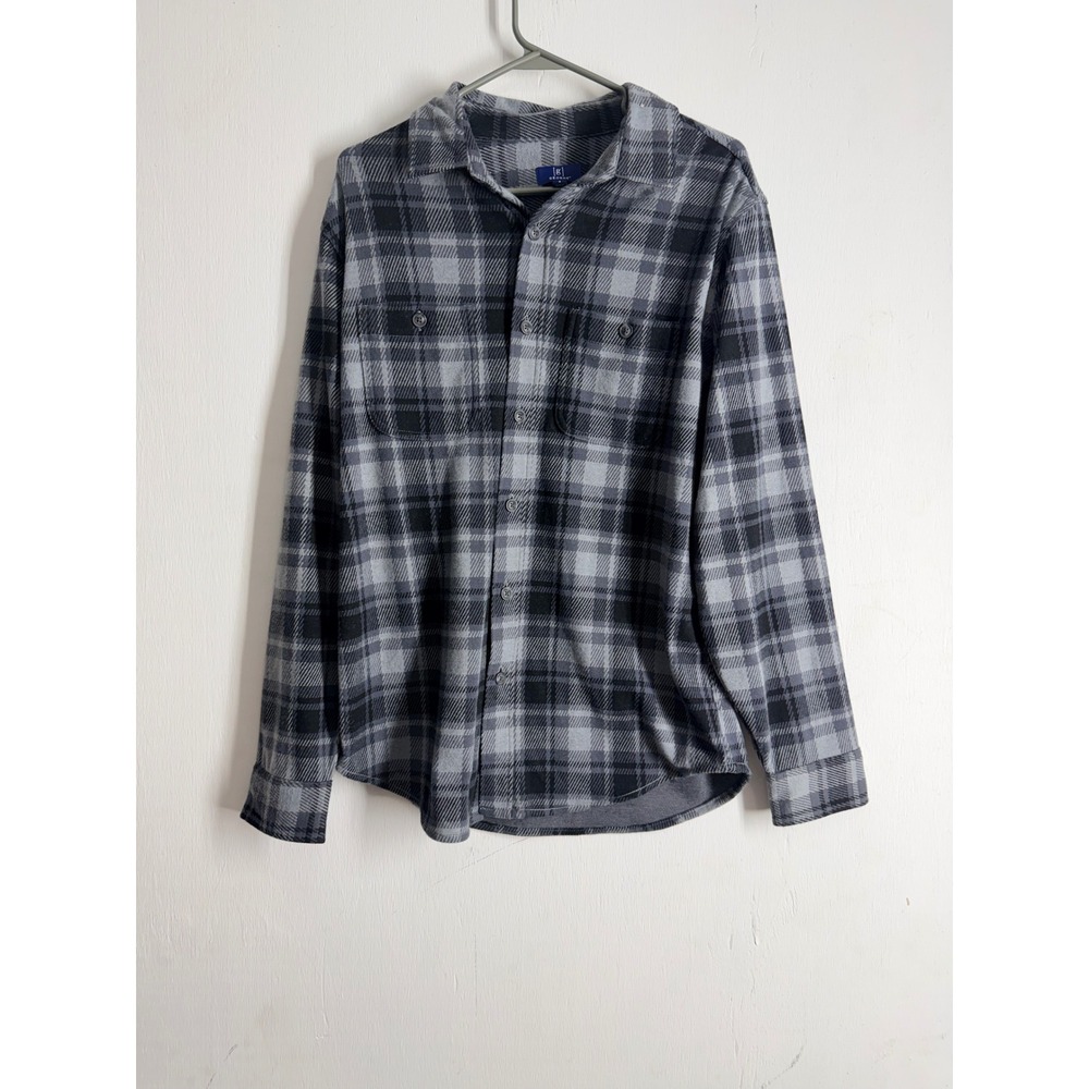 George Mens Flannel Shirt Small Grey Black Plaid Long Sleeve Button Up Stretch